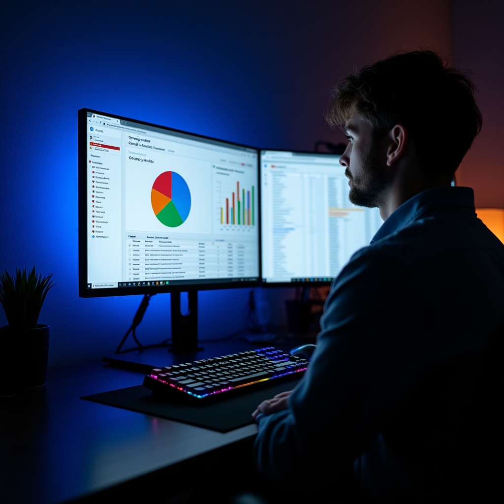Computer monitor displaying Google Search Console coverage report with multiple URL inspection panels open, dark workspace environment