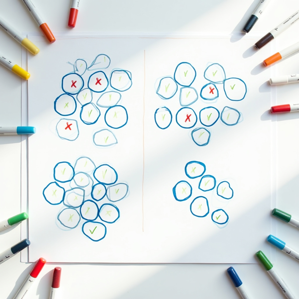 Whiteboard showing URL pattern clustering diagram with colored markers grouping similar filter-based URLs, photographed from above in a bright collaborative workspace