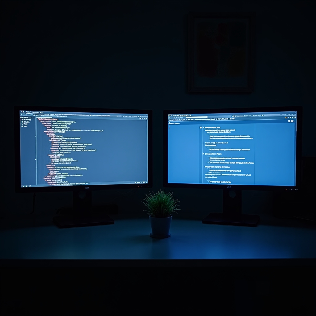 Two computer monitors side by side showing a canonical tag in HTML source code on the left and Google Search Console URL inspection results on the right, in a dimly lit office