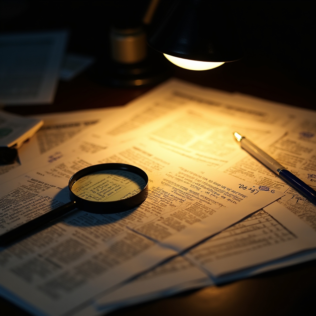 Close-up of printed patent document pages spread on a desk with handwritten annotations, illuminated by a focused desk lamp in a dark research setting