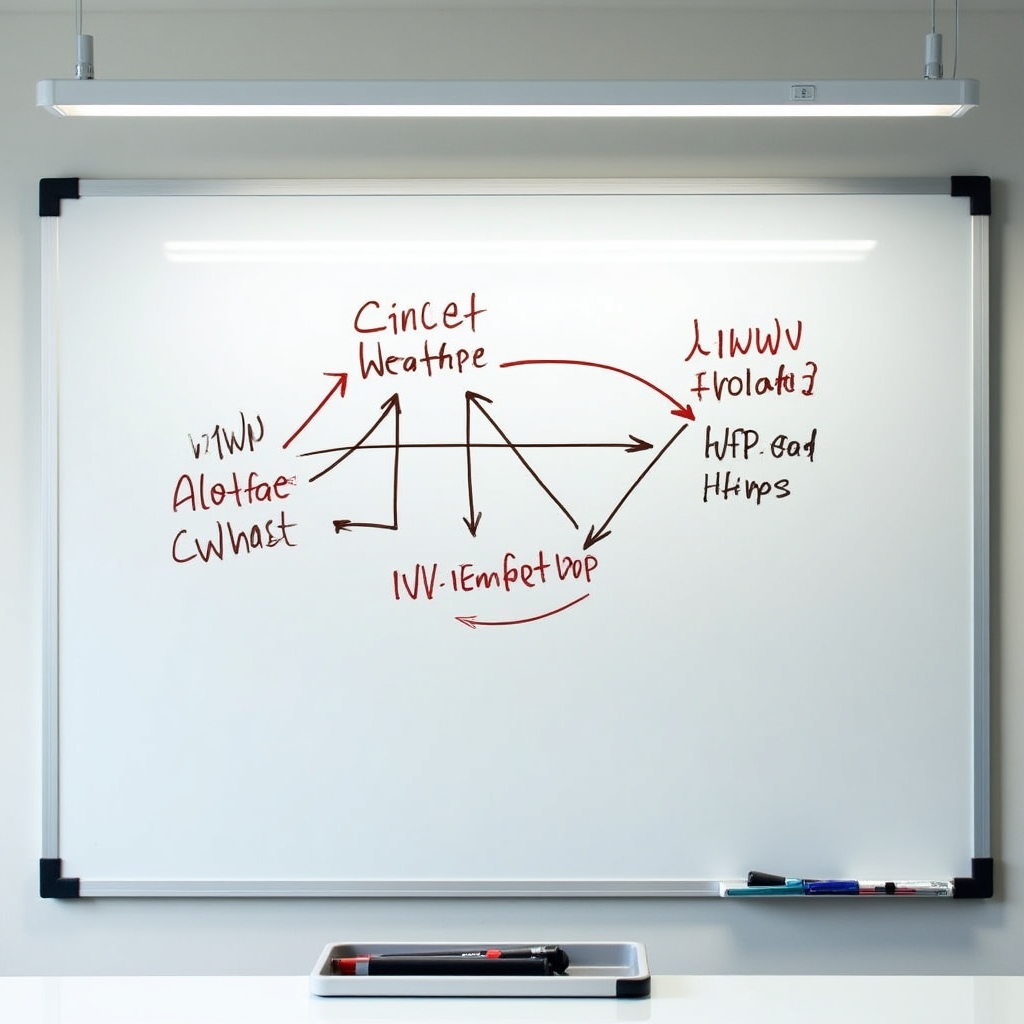 Whiteboard diagram with arrows showing a complex redirect chain between www and non-www URL variants, photographed in a bright office setting