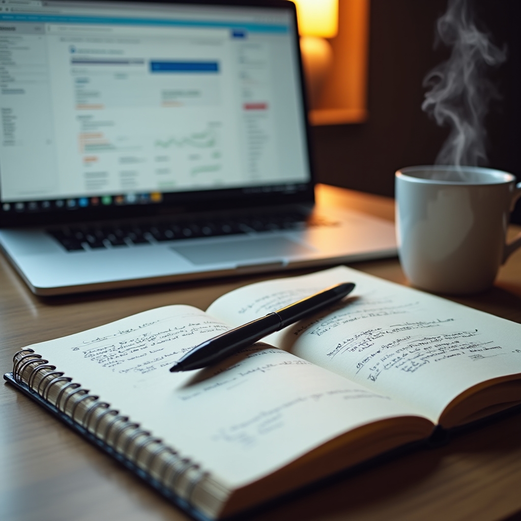 Close-up of a researcher's desk with multiple browser tabs open showing SEO analysis tools, handwritten notes, and a cup of coffee in warm ambient lighting