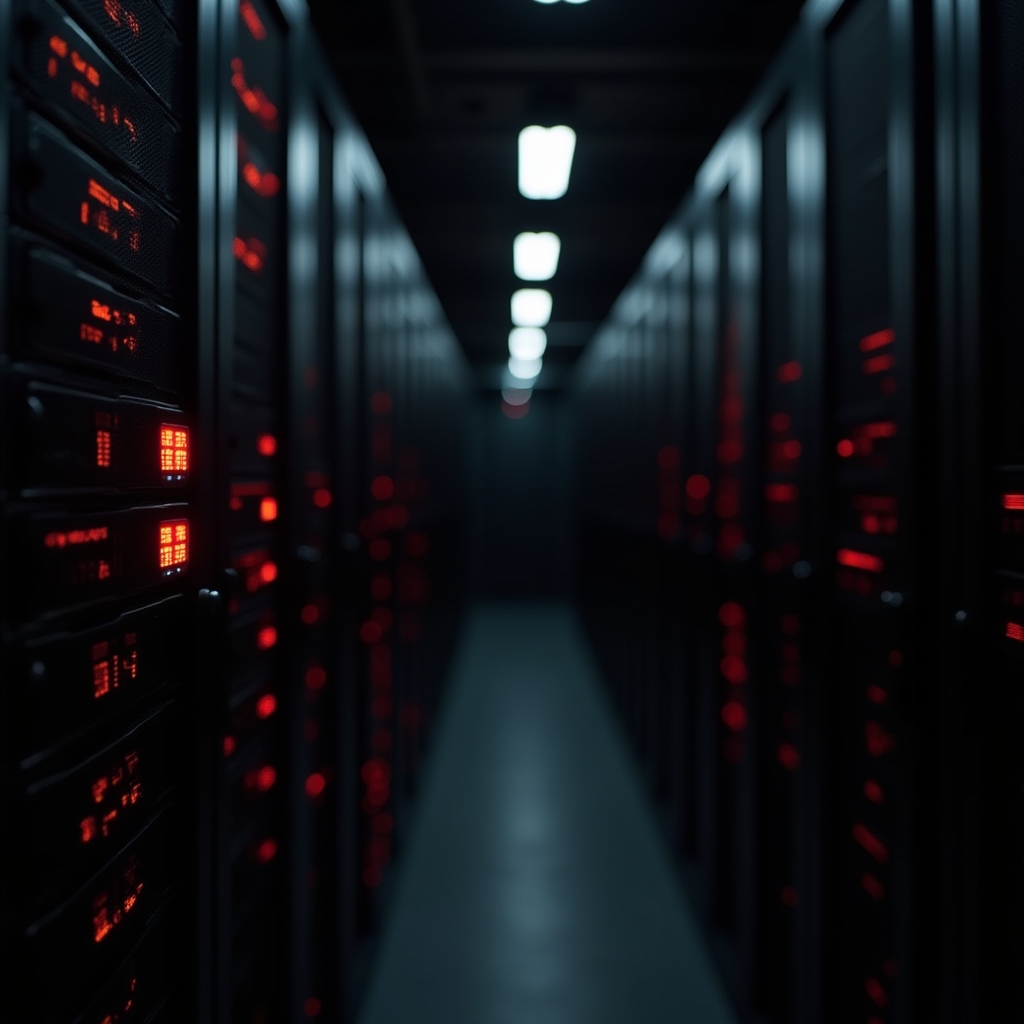 Server rack in a dark data center with blinking red error indicators, representing a misconfigured redirect